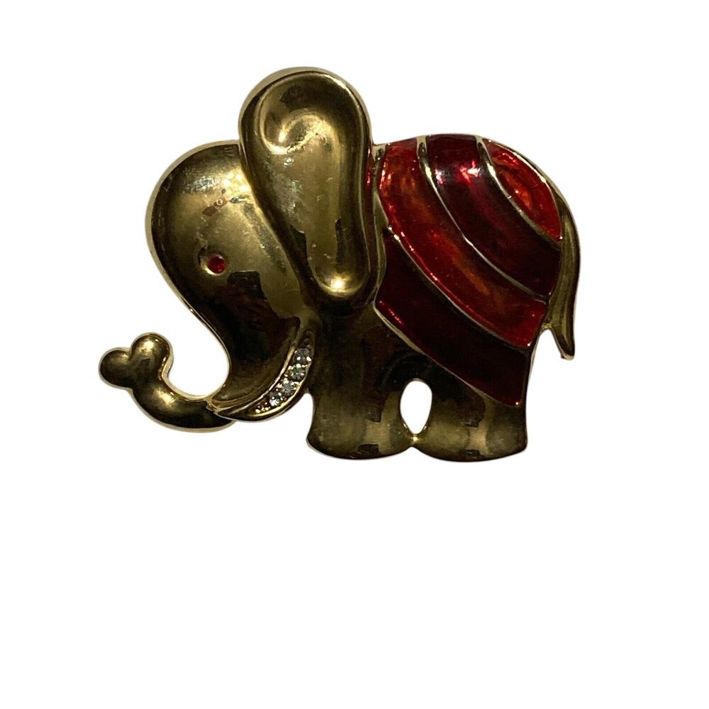 Vintage Gold Tone Enamel Elephant Brooch With Red Blanket And Jewels Trunk‎ Up